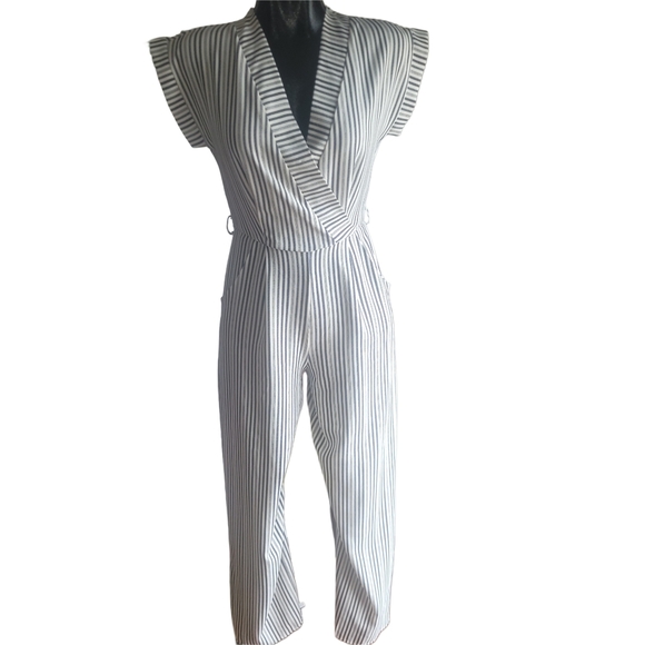 Monteau Striped Blue and White Short Sleeve Jumpsuit S - Picture 2 of 8